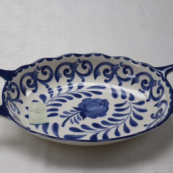 Artisan de Luxe Rose SCROLL MELAMINE Oval SERVING BOWL With  ARTISAN DE LUXE ROSE SCROLL MELAMINE OVAL SERVING BOWL WITH HANDLES - BLUE/WHITE